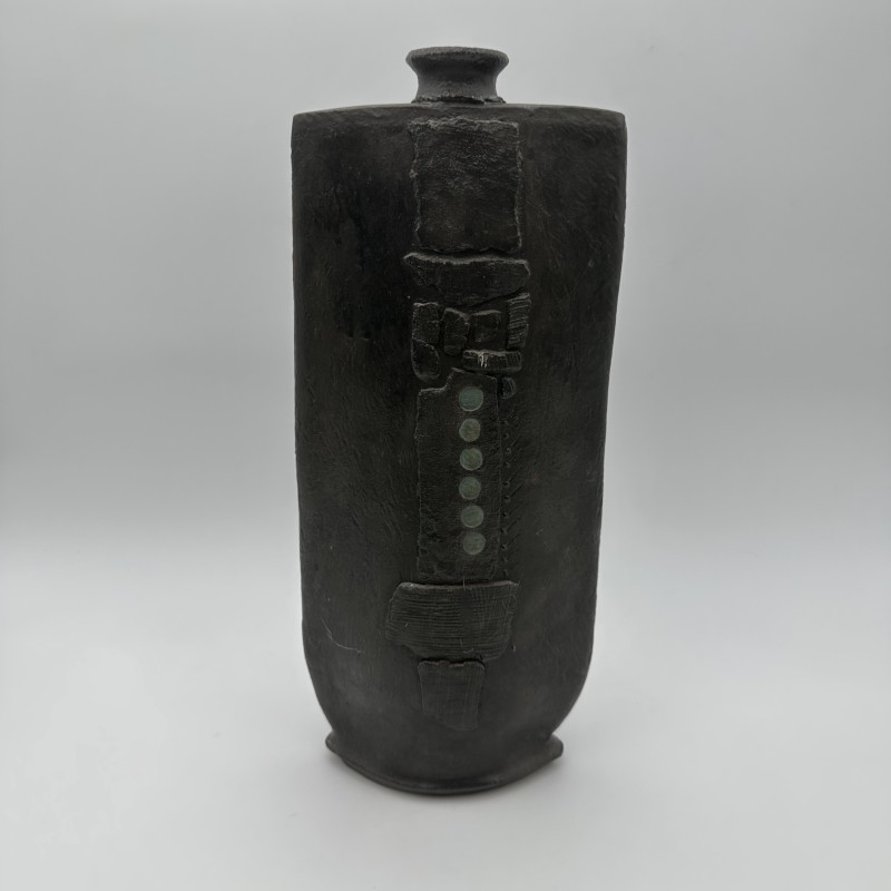 Large Brutalist Black Ceramic Vase | Signed 1970s Studio Pottery
