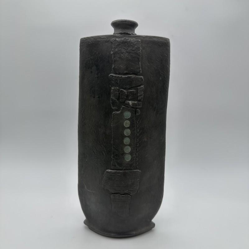 Large Brutalist Black Ceramic Vase | Signed 1970s Studio Pottery
