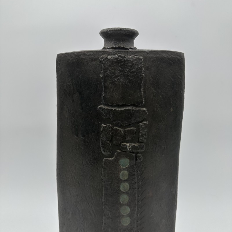 Large Brutalist Black Ceramic Vase | Signed 1970s Studio Pottery