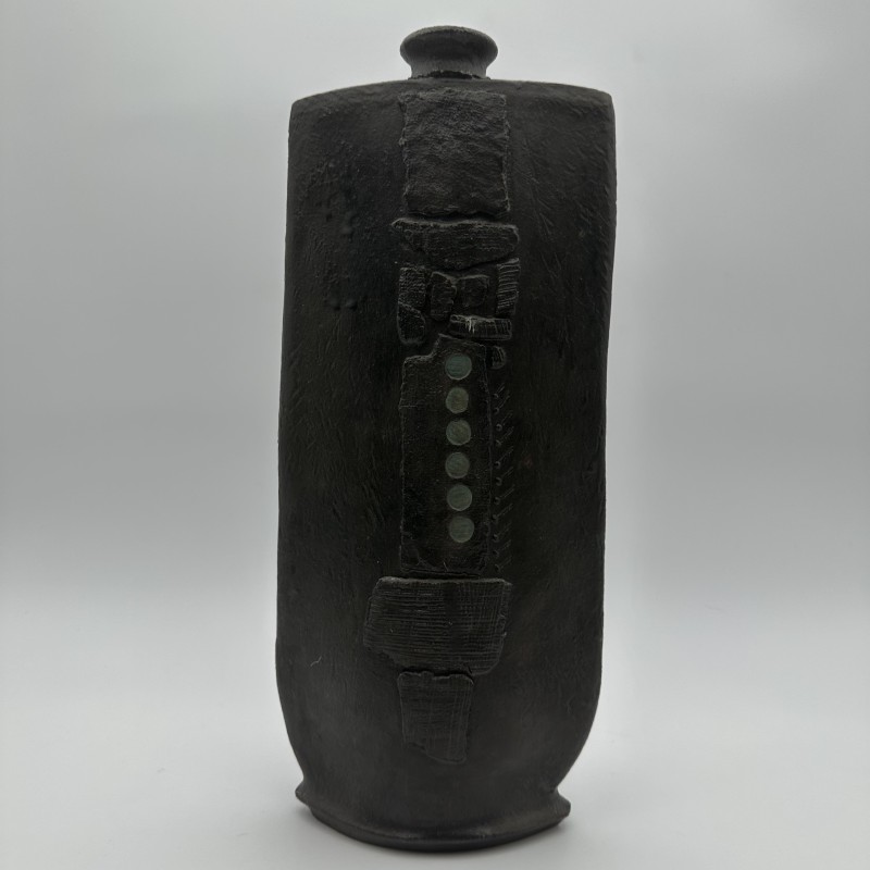 Large Brutalist Black Ceramic Vase | Signed 1970s Studio Pottery