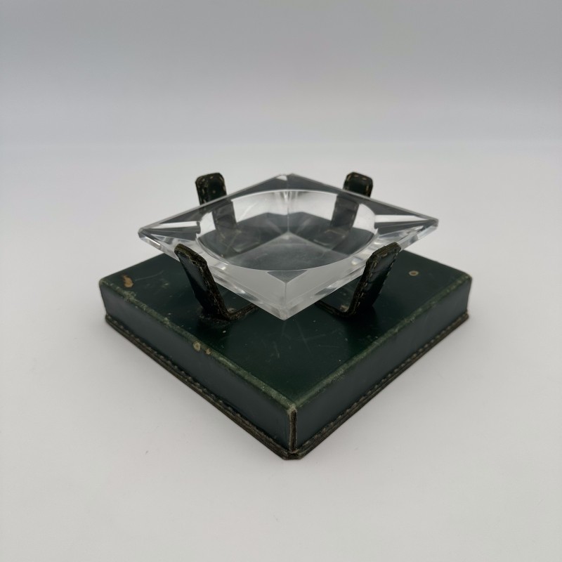 Green Leather & Crystal Ashtray Jacques Adnet Style | 1950s