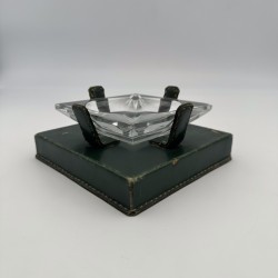 Green Leather & Crystal Ashtray Jacques Adnet Style | 1950s