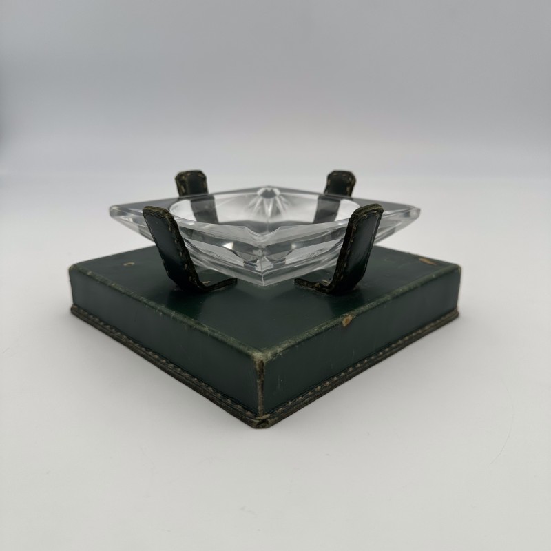 Green Leather & Crystal Ashtray Jacques Adnet Style | 1950s