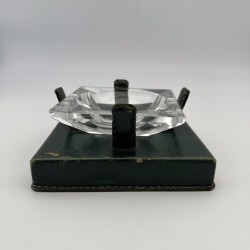 Green Leather & Crystal Ashtray Jacques Adnet Style | 1950s