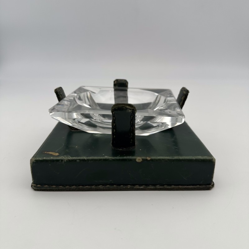 Green Leather & Crystal Ashtray Jacques Adnet Style | 1950s