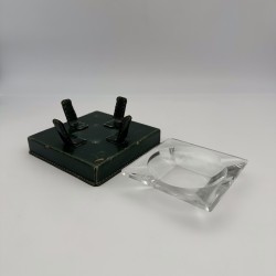 Green Leather & Crystal Ashtray Jacques Adnet Style | 1950s