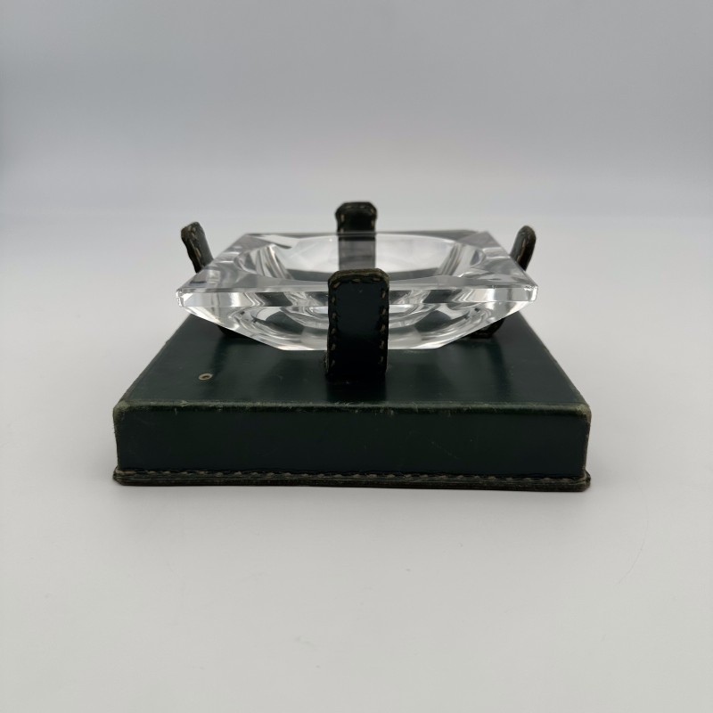 Cendrier en Cristal et Cuir Vert dans le Goût de Jacques Adnet, Années 1950.