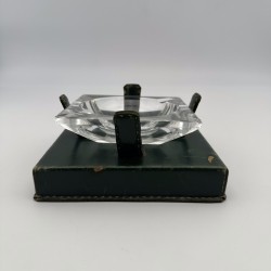 Green Leather & Crystal Ashtray Jacques Adnet Style | 1950s
