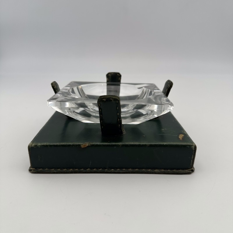 Green Leather & Crystal Ashtray Jacques Adnet Style | 1950s