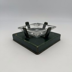 Green Leather & Crystal Ashtray Jacques Adnet Style | 1950s
