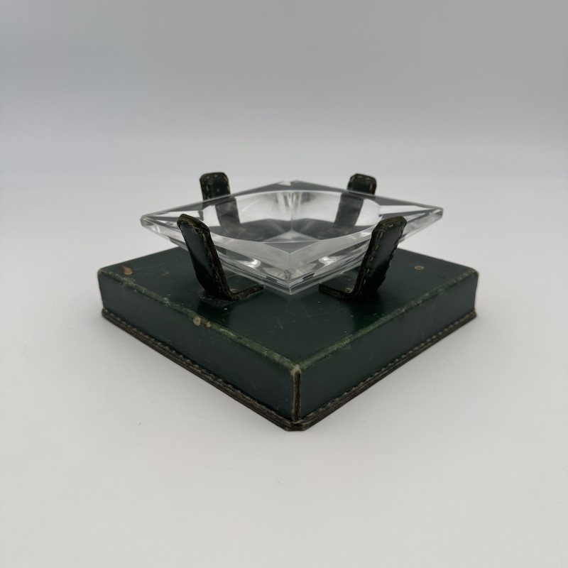 Green Leather & Crystal Ashtray Jacques Adnet Style | 1950s