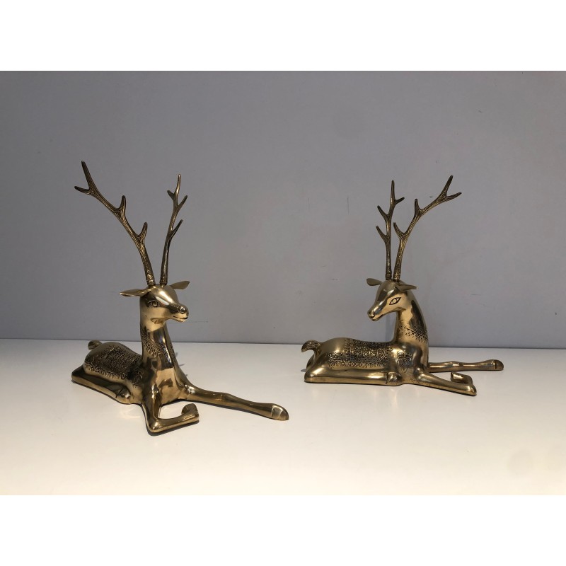 Engraved Bronze Stag Sculptures | 1970s French Animalier Art