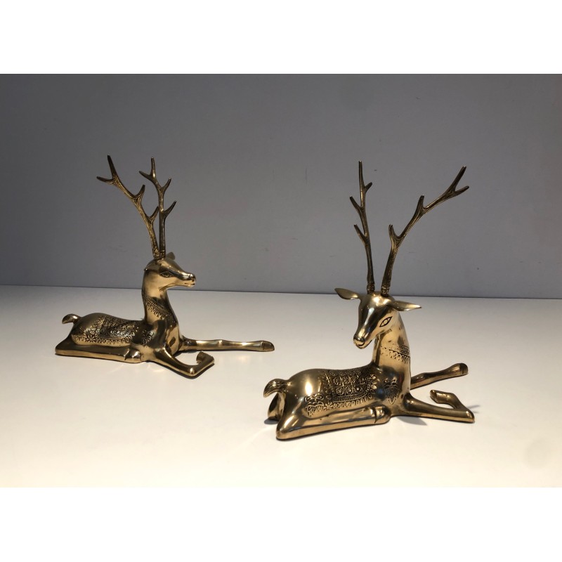 Engraved Bronze Stag Sculptures | 1970s French Animalier Art