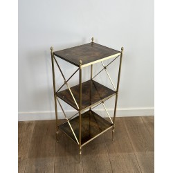 Three-Tier Brass and Eglomise Glass Shelf, Attributed to Maison Jansen, 1940s.