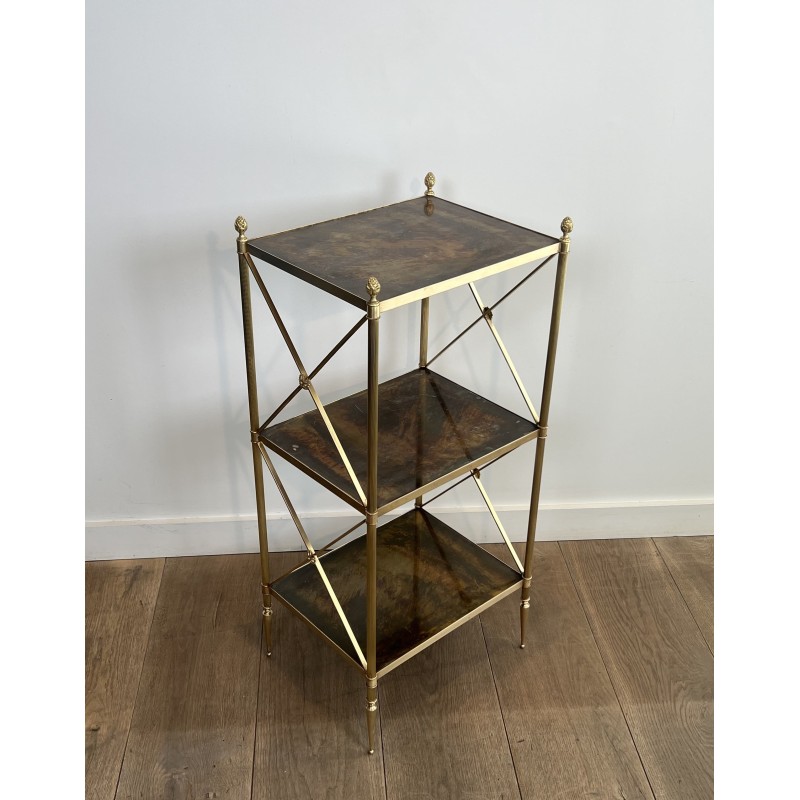 Three-Tier Brass and Eglomise Glass Shelf, Attributed to Maison Jansen, 1940s.