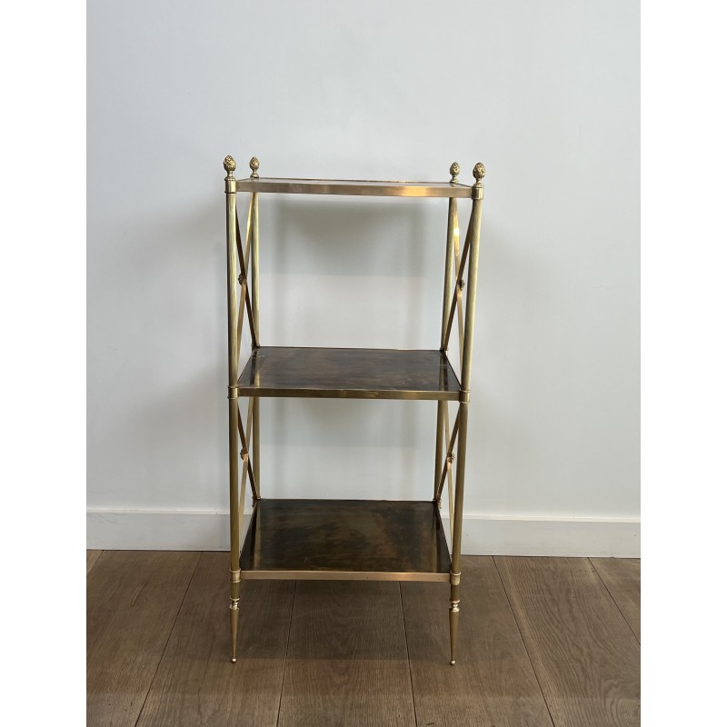 Three-Tier Brass and Eglomise Glass Shelf, Attributed to Maison Jansen, 1940s.