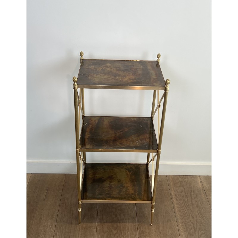 Three-Tier Brass and Eglomise Glass Shelf, Attributed to Maison Jansen, 1940s.