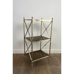 Three-Tier Brass and Eglomise Glass Shelf, Attributed to Maison Jansen, 1940s.