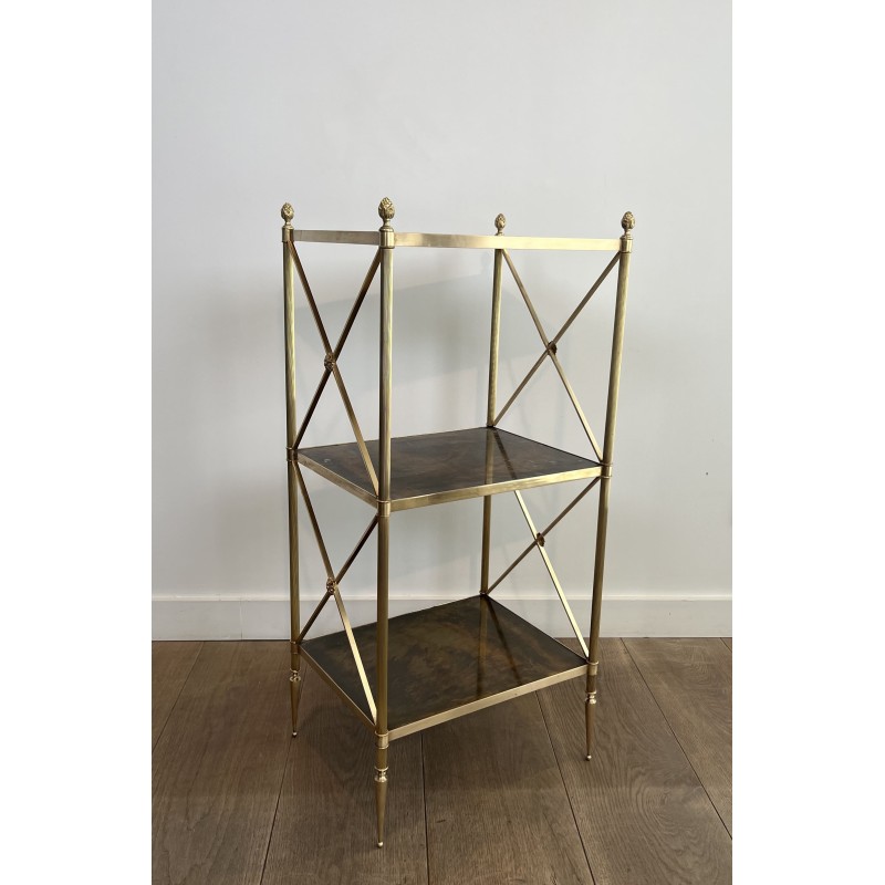Three-Tier Brass and Eglomise Glass Shelf, Attributed to Maison Jansen, 1940s.