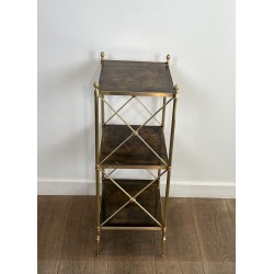 Three-Tier Brass and Eglomise Glass Shelf, Attributed to Maison Jansen, 1940s.