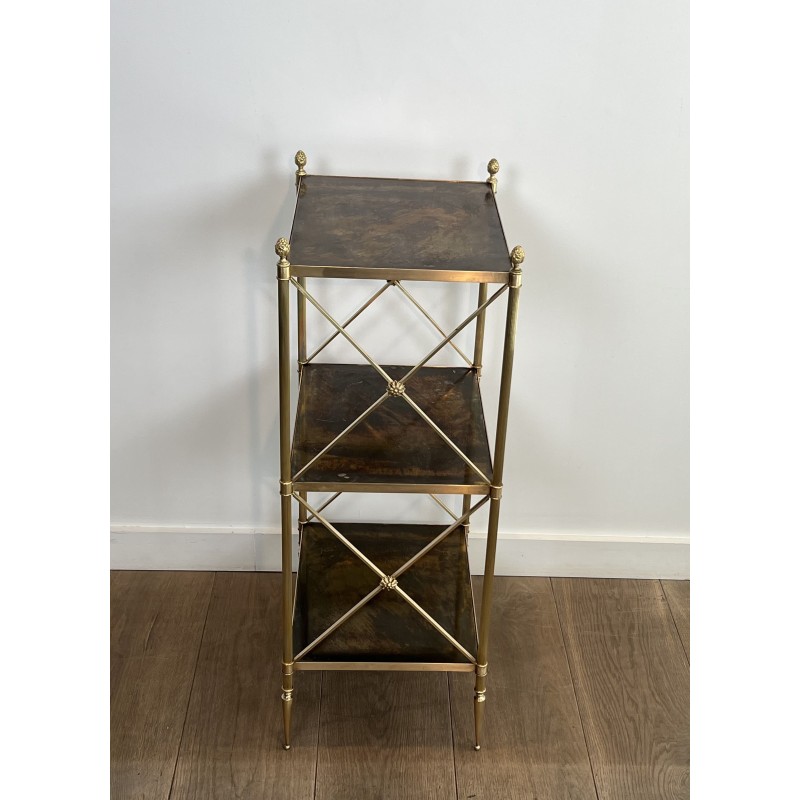 Three-Tier Brass and Eglomise Glass Shelf, Attributed to Maison Jansen, 1940s.