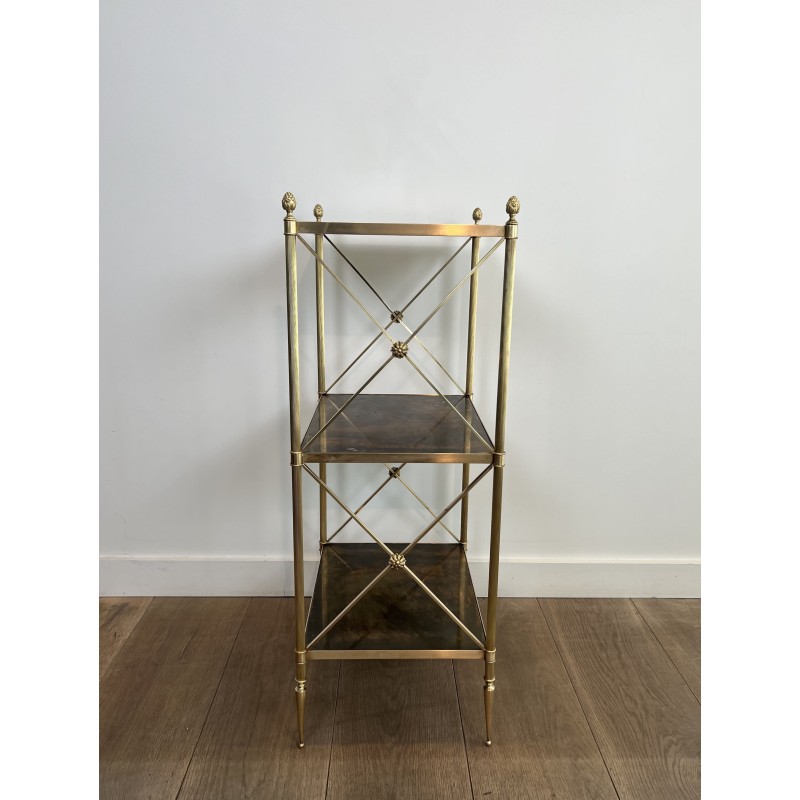 Three-Tier Brass and Eglomise Glass Shelf, Attributed to Maison Jansen, 1940s.