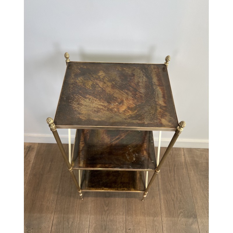 Three-Tier Brass and Eglomise Glass Shelf, Attributed to Maison Jansen, 1940s.