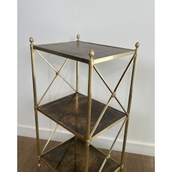 Three-Tier Brass and Eglomise Glass Shelf, Attributed to Maison Jansen, 1940s.