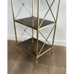 Three-Tier Brass and Eglomise Glass Shelf, Attributed to Maison Jansen, 1940s.