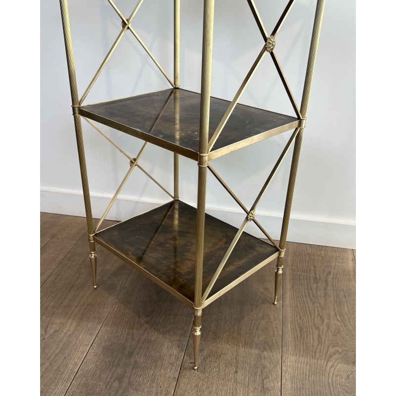 Three-Tier Brass and Eglomise Glass Shelf, Attributed to Maison Jansen, 1940s.