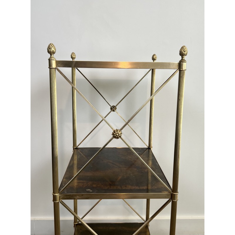 Three-Tier Brass and Eglomise Glass Shelf, Attributed to Maison Jansen, 1940s.