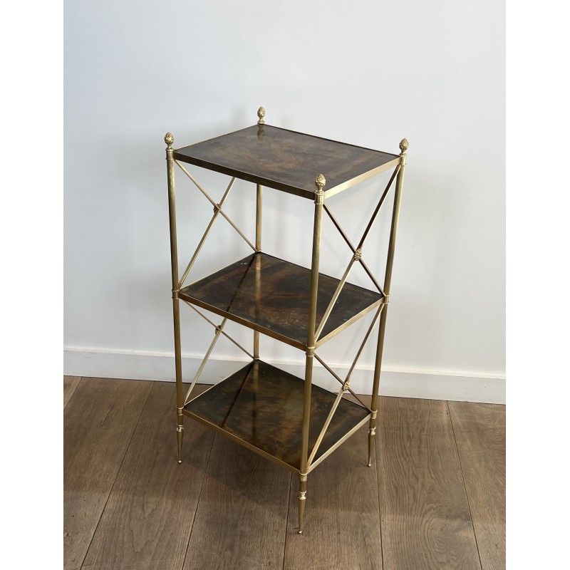 Three-Tier Brass and Eglomise Glass Shelf, Attributed to Maison Jansen, 1940s.