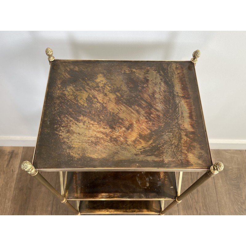 Three-Tier Brass and Eglomise Glass Shelf, Attributed to Maison Jansen, 1940s.