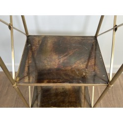 Three-Tier Brass and Eglomise Glass Shelf, Attributed to Maison Jansen, 1940s.