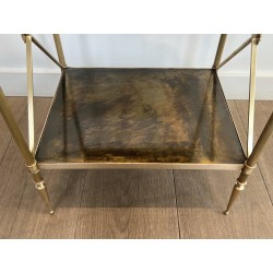 Three-Tier Brass and Eglomise Glass Shelf, Attributed to Maison Jansen, 1940s.