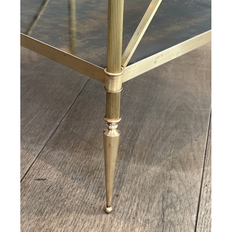 Three-Tier Brass and Eglomise Glass Shelf, Attributed to Maison Jansen, 1940s.