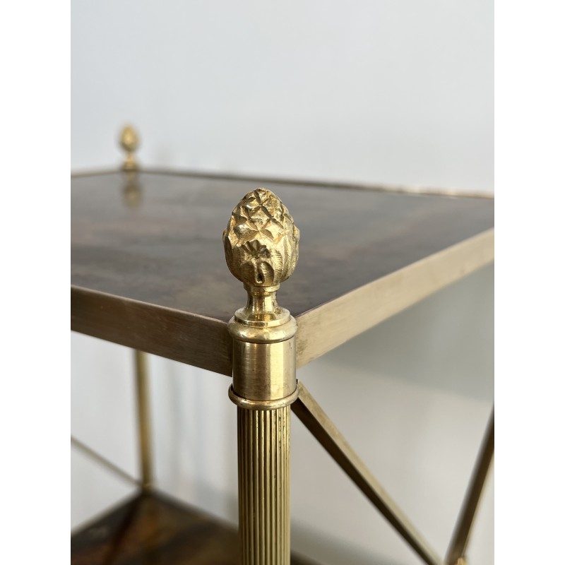 Three-Tier Brass and Eglomise Glass Shelf, Attributed to Maison Jansen, 1940s.