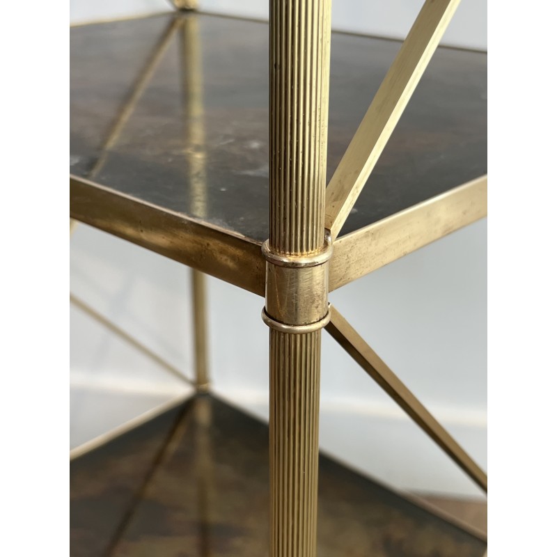 Three-Tier Brass and Eglomise Glass Shelf, Attributed to Maison Jansen, 1940s.