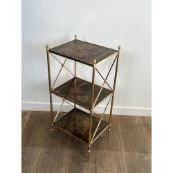 Three-Tier Brass and Eglomise Glass Shelf, Attributed to Maison Jansen, 1940s.