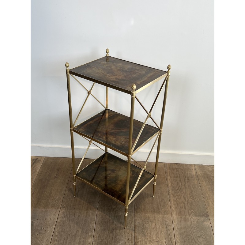 Three-Tier Brass and Eglomise Glass Shelf, Attributed to Maison Jansen, 1940s.