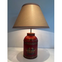 Red Toleware Lamp Chinoiserie | 20th Century Tea Caddy Lamp
