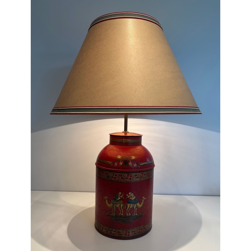 Lampe Tôle Peinte Rouge Chinoiseries | Boîte à Thé XXe Siècle