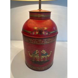 Lampe Tôle Peinte Rouge Chinoiseries | Boîte à Thé XXe Siècle