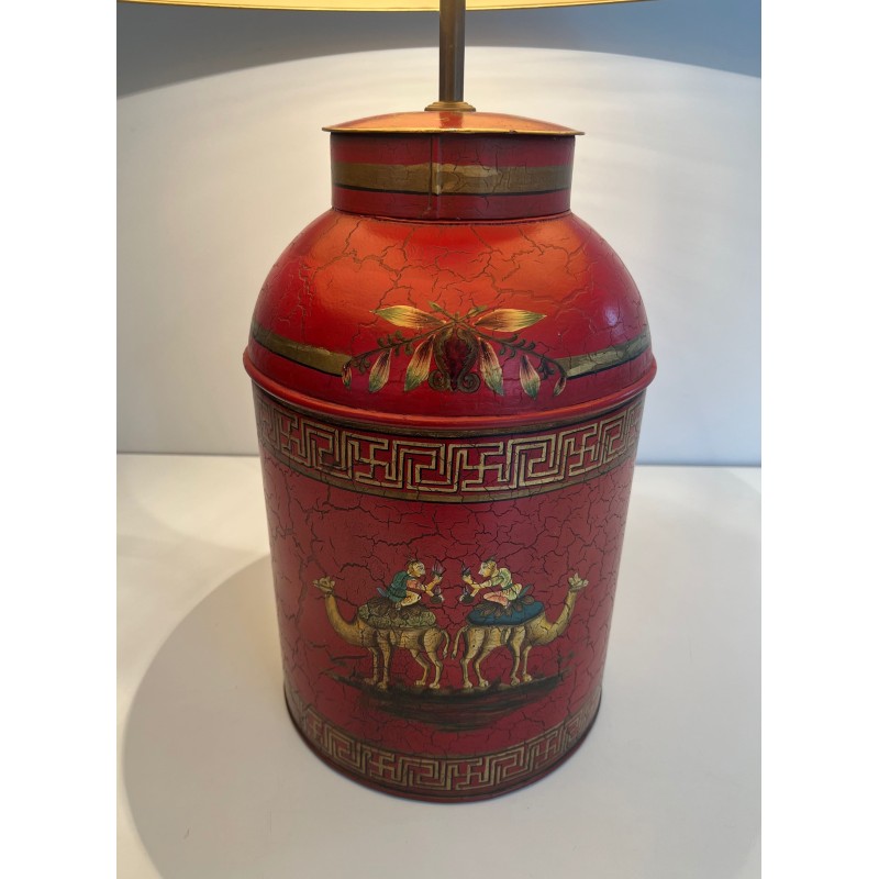 Lampe Tôle Peinte Rouge Chinoiseries | Boîte à Thé XXe Siècle