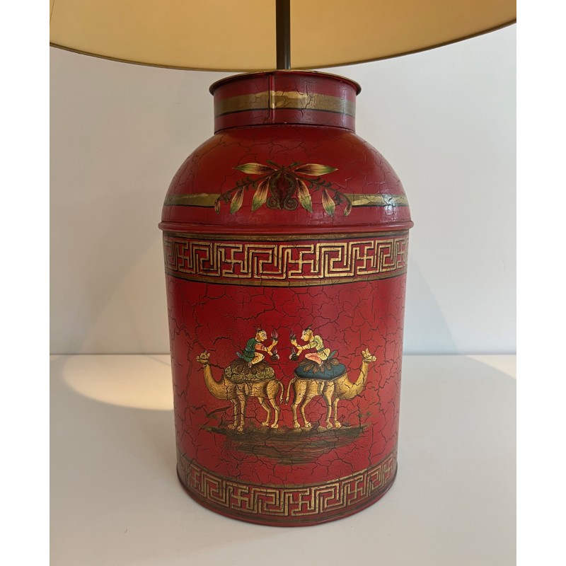 Lampe Tôle Peinte Rouge Chinoiseries | Boîte à Thé XXe Siècle
