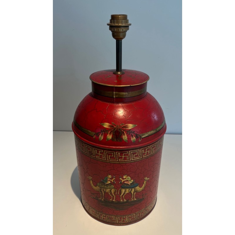 Red Toleware Lamp Chinoiserie | 20th Century Tea Caddy Lamp