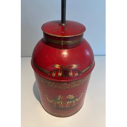Red Toleware Lamp Chinoiserie | 20th Century Tea Caddy Lamp