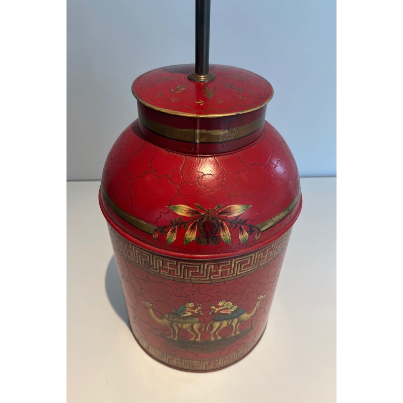 Red Toleware Lamp Chinoiserie | 20th Century Tea Caddy Lamp