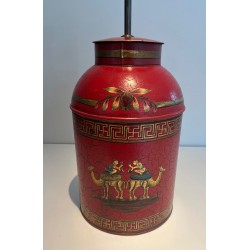Lampe Tôle Peinte Rouge Chinoiseries | Boîte à Thé XXe Siècle