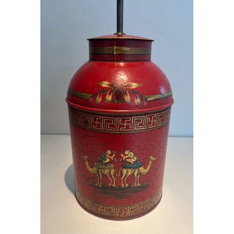Lampe Tôle Peinte Rouge Chinoiseries | Boîte à Thé XXe Siècle